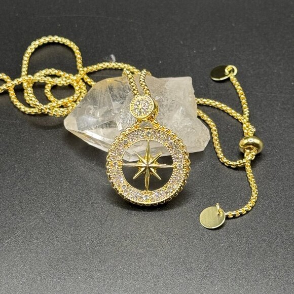 Gold Tone Compass Necklace with Rhinestones #1459 - Picture 15 of 16